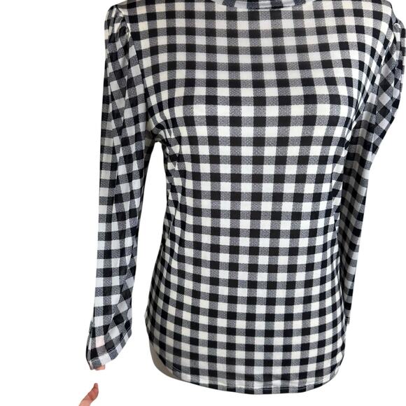 Free People Gathered Turtleneck Black & White Gingham Checkered Mesh Slim Top - Picture 11 of 16